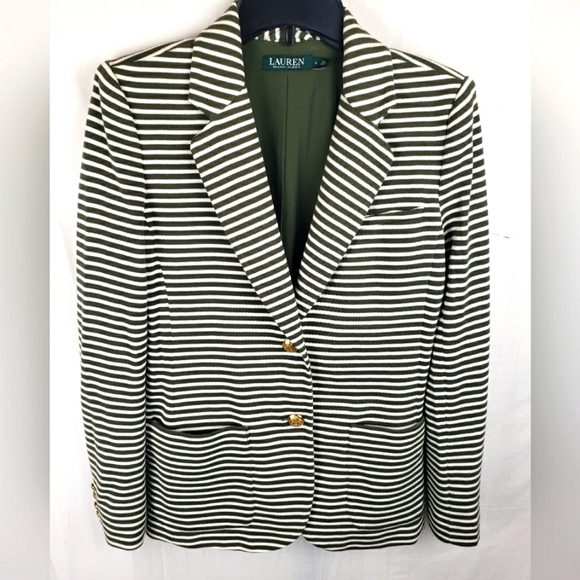 Lauren Ralph Lauren Olive Green and White Striped Blazer Career Office Sz M - Picture 1 of 9